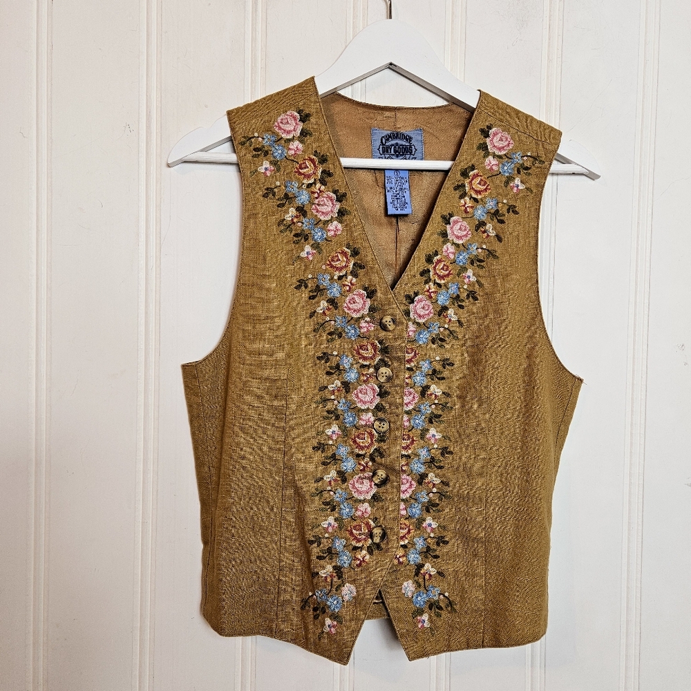 Cambridge Dry Goods Vest Women's Size S Tan Linen Blend Embroidered Floral - Picture 2 of 11